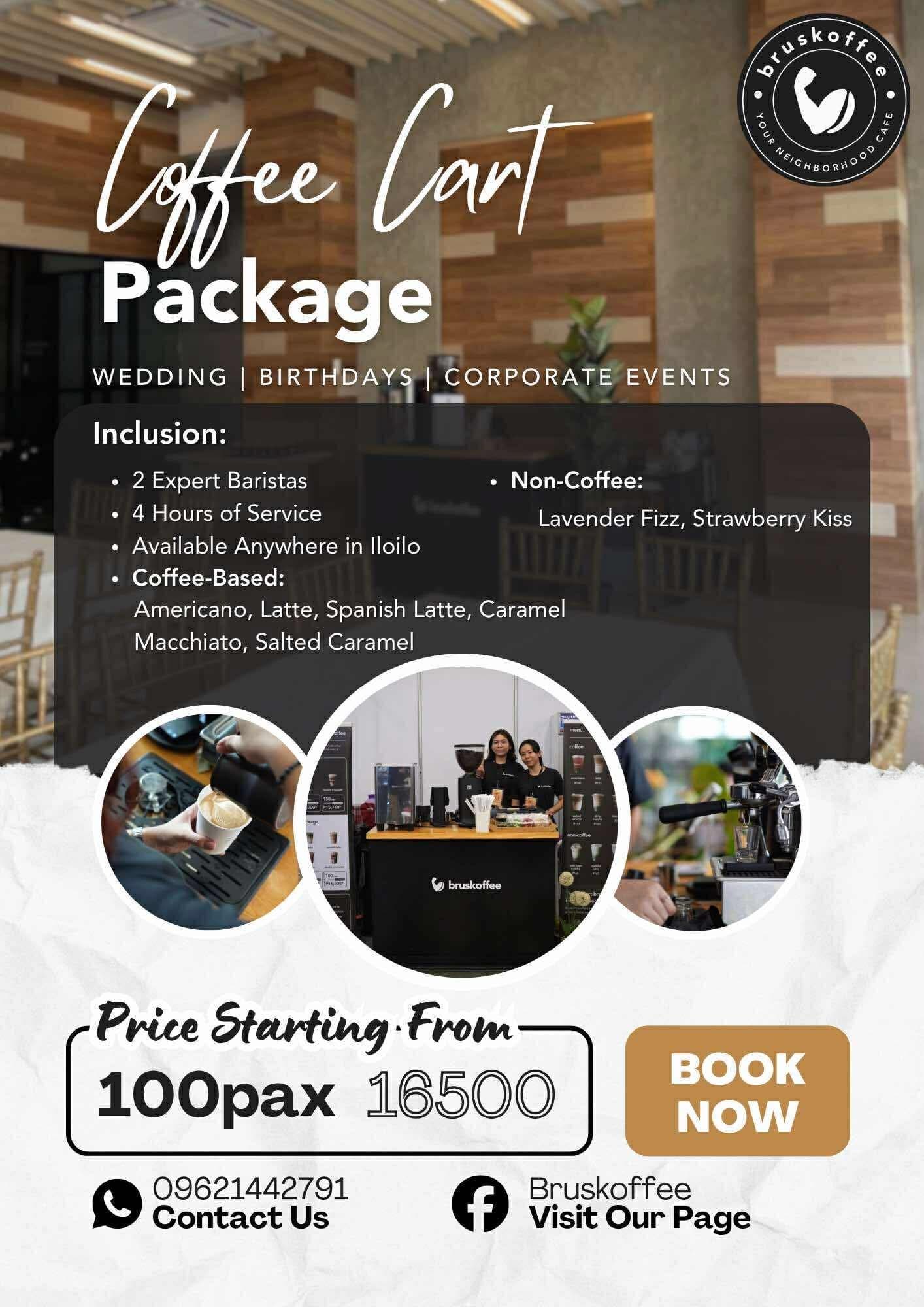Bruskoffee Coffee Cart Package — 2 expert baristas, 4 hours of service, starting from ₱16,500 for 100 pax